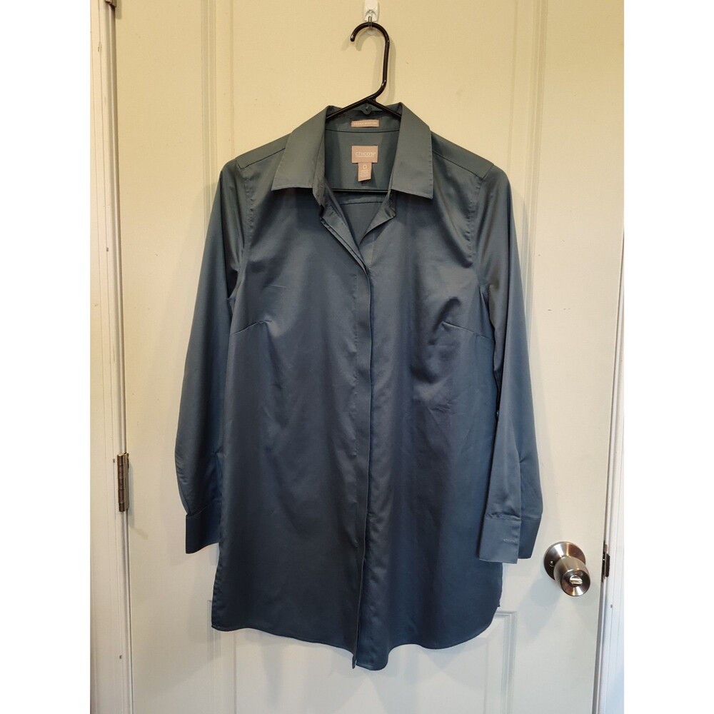 Women's Chico's Wrinkle Resistant Long Sleeve Button Front Tunic Blue Small